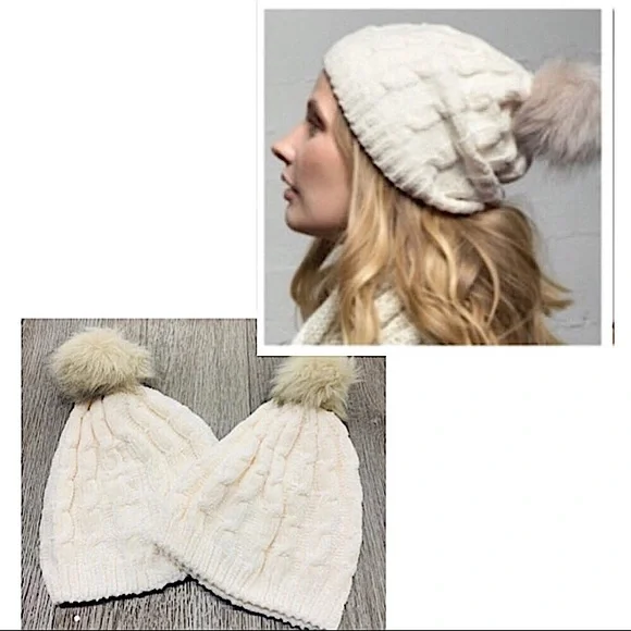 ✨NEW Chenille ULTRA SOFT Cable Knit Pom Pom Beanie Hat in Ivory - Picture 2 of 10